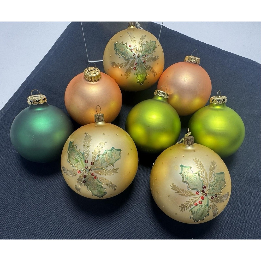 West Germany~ Round Peach Green Gold Glass Ornaments Glitter Set of 8